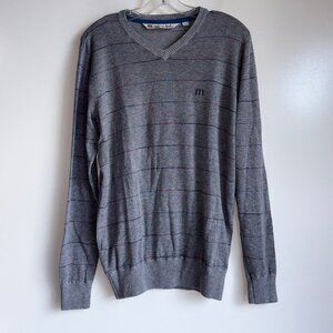 TRAVIS MATHEW Men's V-Neck Golf Sweater Size Small Gray Stripe